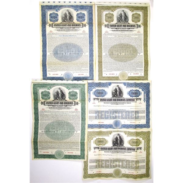 ME. United Light and Railways Co. 1923, Specimen (Coupon and Registered) Gold Bond Quintet.