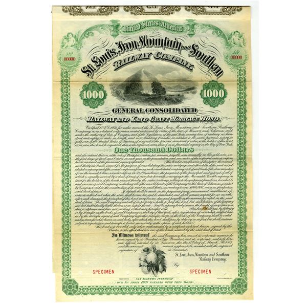MO. & AR. St. Louis, Iron Mountain and Southern Railway Co., 1881, Specimen Gold Coupon Bond