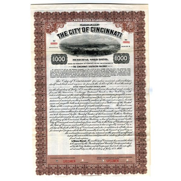 Ohio. Cincinnati Southern Railway - City of Cincinnati, 1920, Specimen Bond