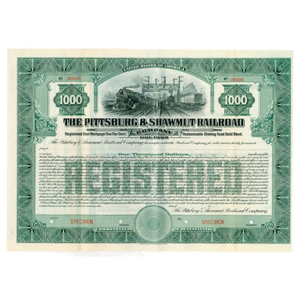 PA. Pittsburgh & Shawmut Railroad Co., 1909 Specimen Registered 5% Gold Bond