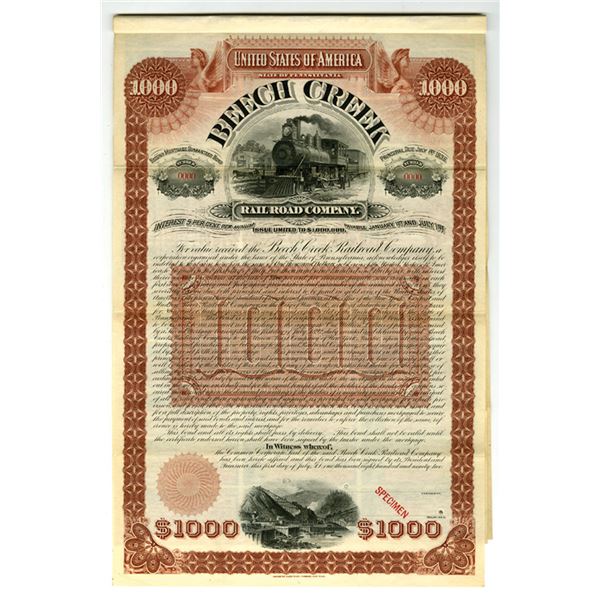 PA. Beech Creek Railroad Co., 1892, Specimen Gold Coupon Bond