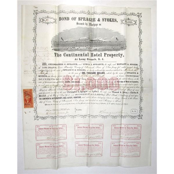 NJ. Continental Hotel Property, 1866, Issued Coupon Bond.