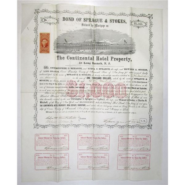 NJ. Continental Hotel Property, 1866, Issued Coupon Bond.
