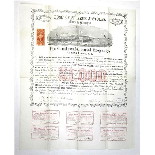 NJ. Continental Hotel Property, 1866, Issued Coupon Bond.