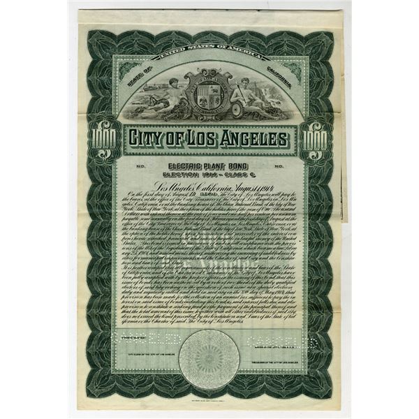 CA. City of Los Angeles, "Electric Plant Bond" 1914 Specimen Bond
