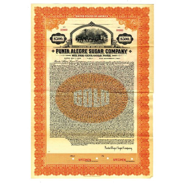 Punta Alegre Sugar Co., 1925 Specimen Gold Coupon Bond