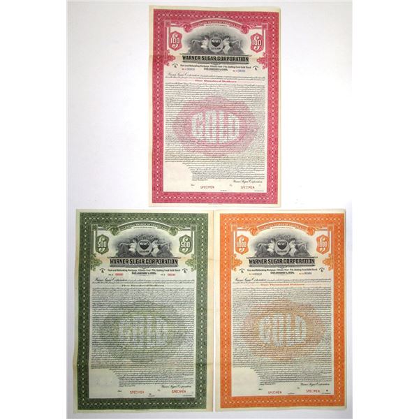 NJ. Warner Sugar Corp., 1924, Specimen Gold Coupon Bond Trio