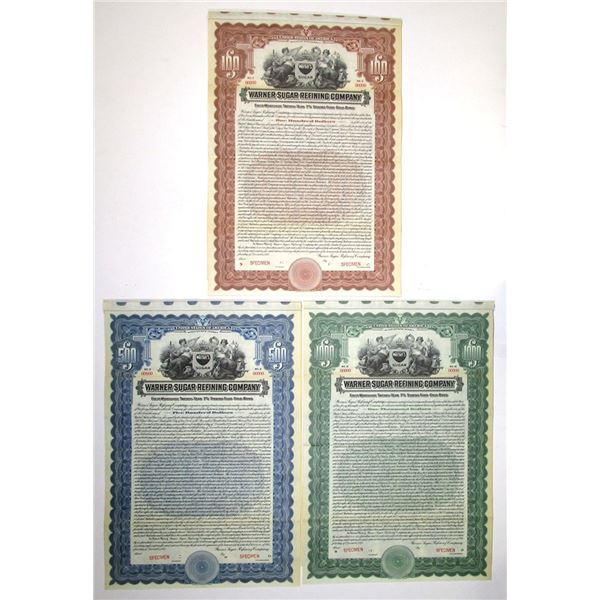 NJ. Warner Sugar Refining Co. 1921, Specimen Gold Coupon Bond Trio
