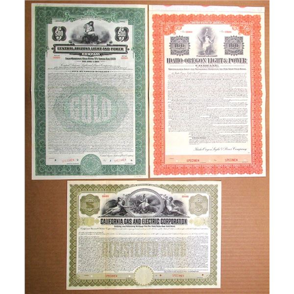 Arizona, California, Idaho & Oregon Utility Specimen Bond Trio, 1907 to 1930.
