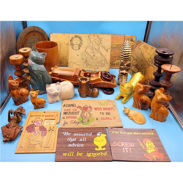 Home Decor Lot w/ Cat Statues, VTG Wooden Car, Signs, Candleholders, & More