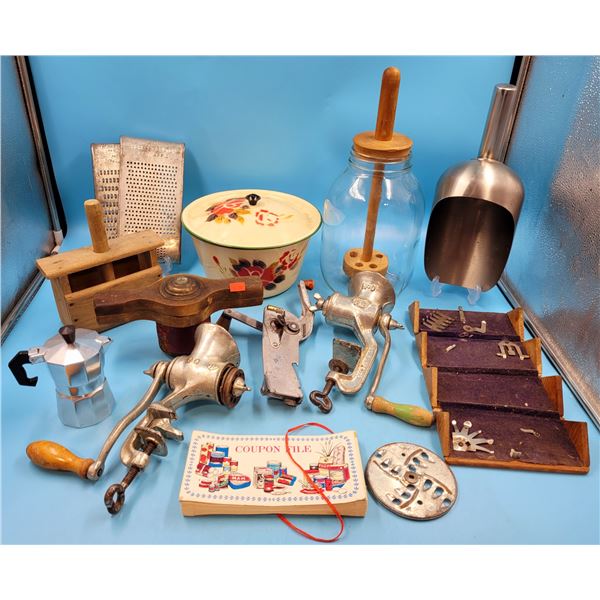 VTG Kitchen Lot w/ Meat Grinders, Homemade Butter Churn, & More