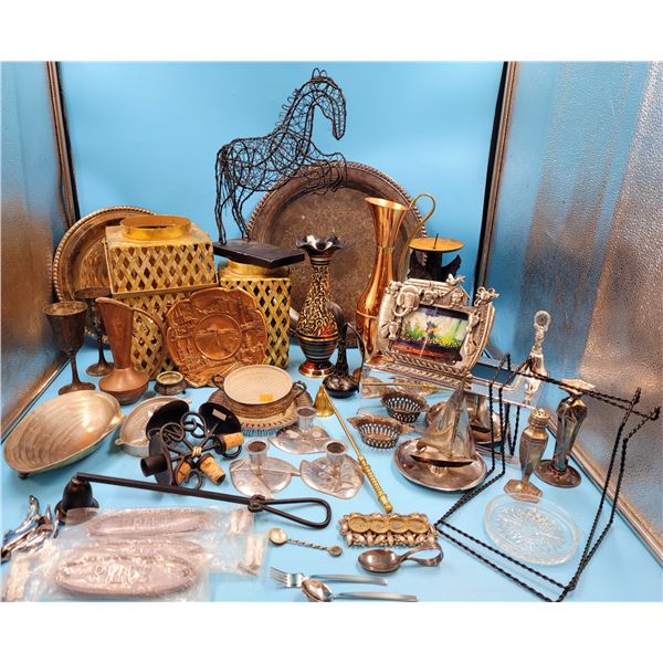 VTG Metalware Lot w/ Decorative Plate, Candleholders, Picture Frame, Pitcher, & More