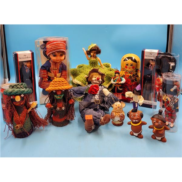 Assorted Doll Lot w/ Russian Nesting Dolls, Air Stewardess Dolls, & More