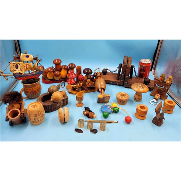 Wood Decor Lot w/ Mace Bookends, Mushroom Decor, Fish Bottle Opener, & More