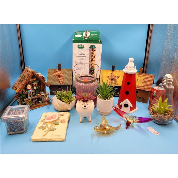 Garden Decor Lot w/ Bird Feeder, Stepping Stone, Glass Figurines, & More