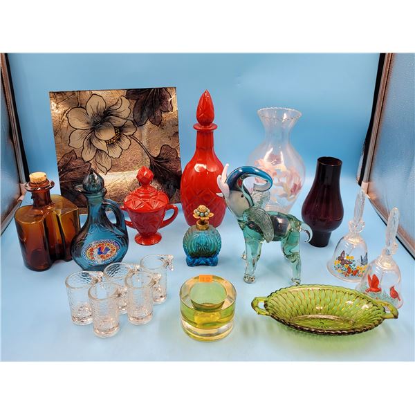 Glass Decor Lot w/ Bells, Vases, Decanters, & More