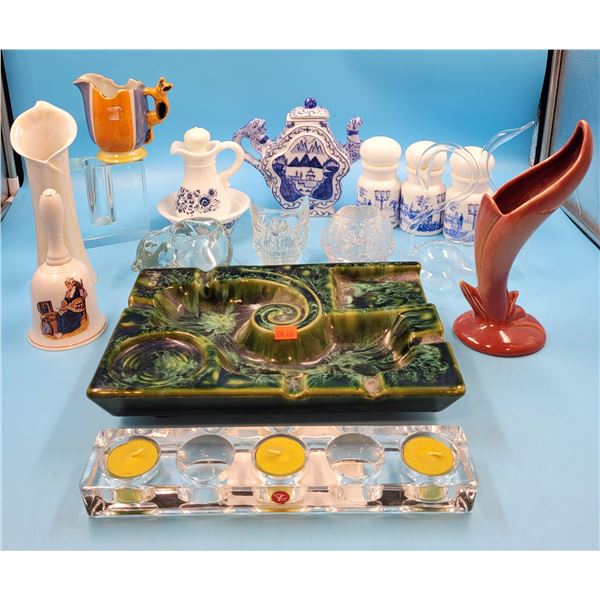 Glass & Ceramic Decor Lot w/ Ashtray, Teapot, Tealight Holder, Vases, & More