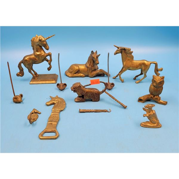 Brass Figurine Lot w/ Horses, Owl, Bottle Opener, & More