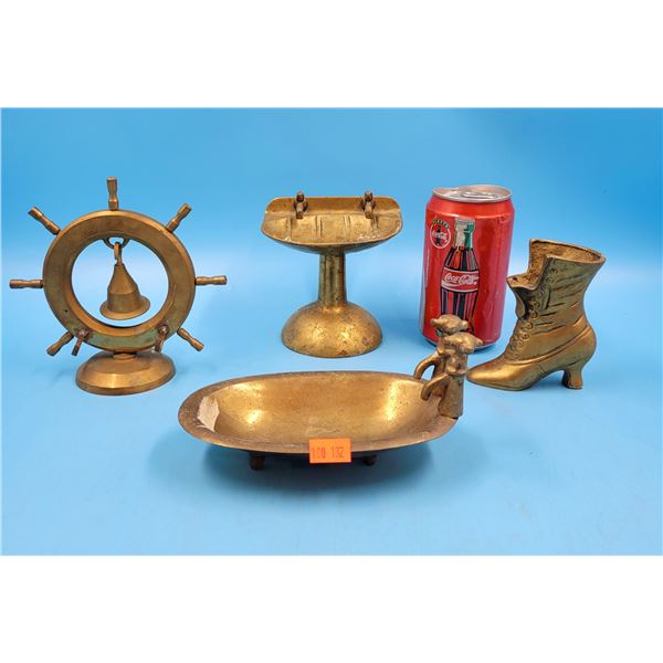 Brass Lot w/ Boot Figurine, Sink Dish, Nautical Bell, & More