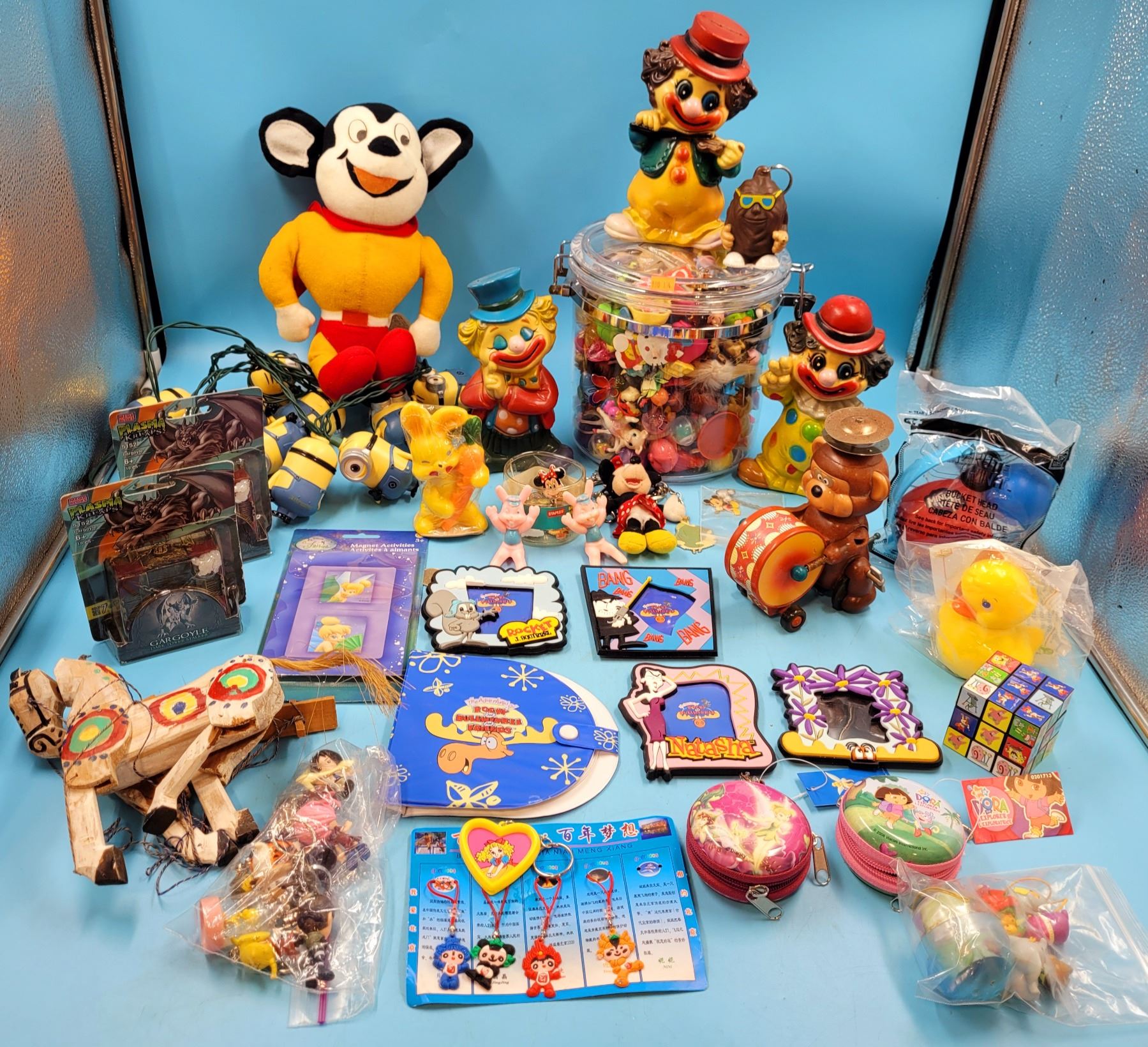 Assorted Toy lot w/ Rubber Duck, Minion String Lights, Magnets, & More