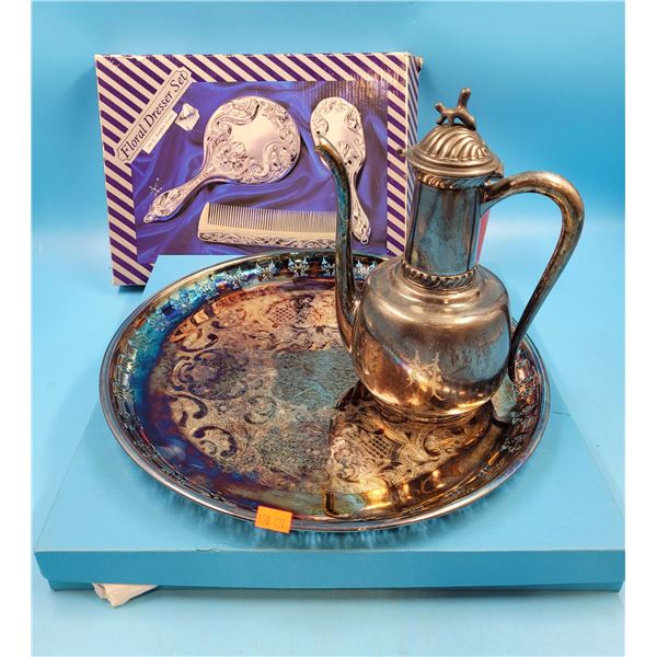 VTG Metal Serveware (Plate is E.P. Brass) & Floral Dresser Set