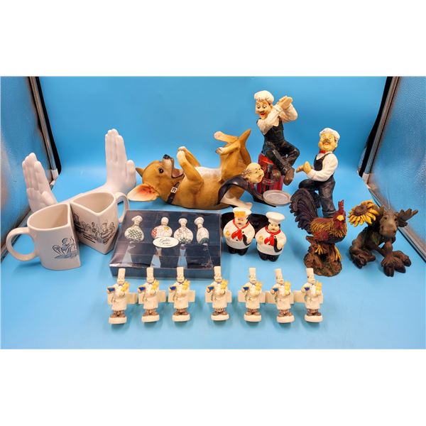 Kitchen & Home Lot w/ Chef Cheese Knives, Chihuahua Bottle Holder, Hand Bookends, & More