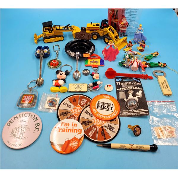 Smalls Lot w/ Collector Spoons, Advertising Ashtray, Disney Keychains, Ogopogo Pin, & More