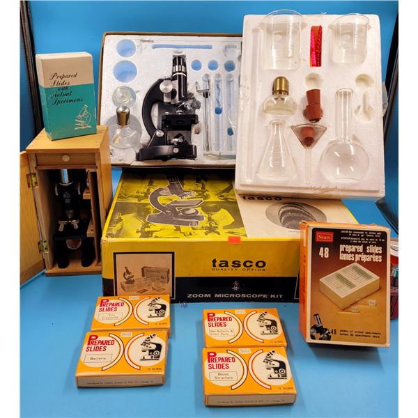 Science & Microscope Lot w/ Microscopes, Prepared Slides, Laboratory Glassware, & More