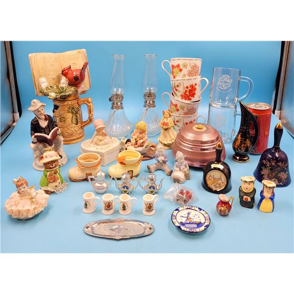 Ceramic & Glass Lot w/ Figurines, Stein, Oil Lamps, Mugs, Salt & Pepper Shakers, & More