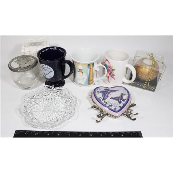 FLAT OF AVON COLLECTIBLES INCLUDING CANDLE,
