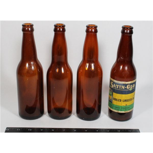 FOUR BROWN GLASS BOTTLES, ONE IS SATIN BOILED