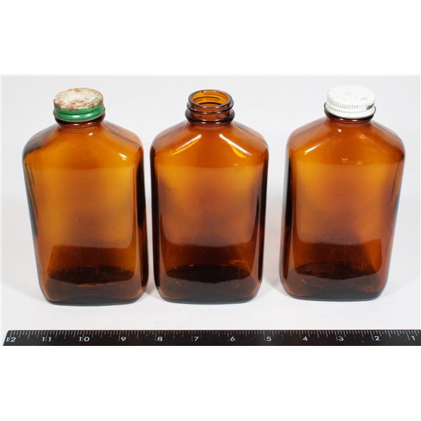 THREE VINTAGE/ ANTIQUE BROWN GLASS VINEGAR