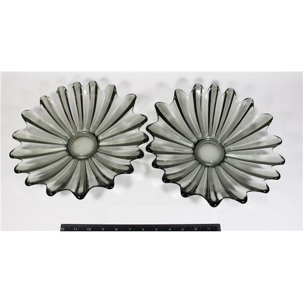 TWO VINTAGE SMOKE GLASS SHALLOW BOWLS
