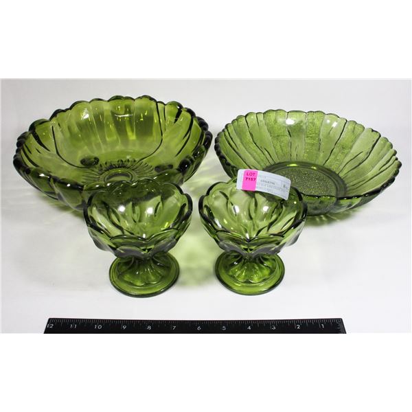 LOT OF VINTAGE GREEN GLASS SERVING BOWLS AND