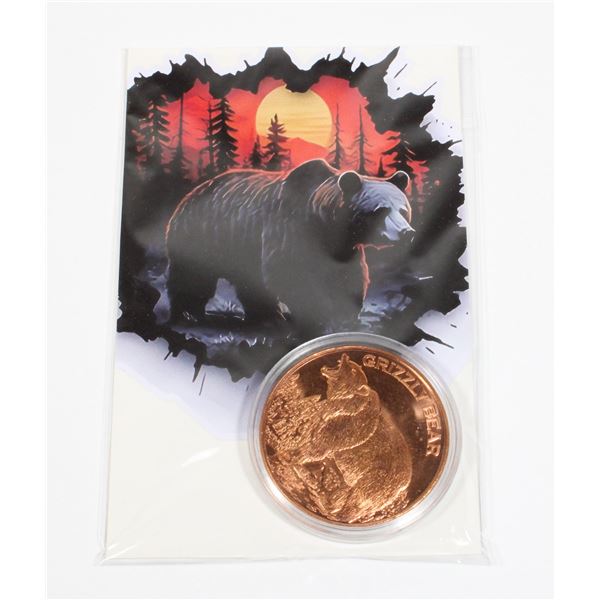 1-OZ .999 FINE COPPER ROUND. GRIZZLY BEAR