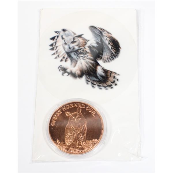 1-OZ .999 FINE COPPER ROUND. GREAT HORNED OWL
