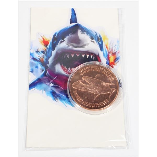 1-OZ .999 FINE COPPER ROUND. MEGALODON SHARK