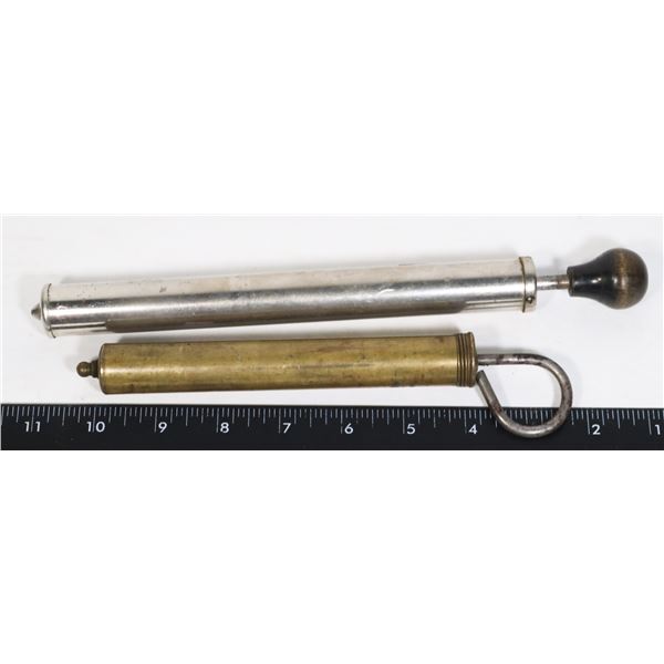 TWO VINTAGE HAND PUMPS, ONE IS BRASS, ONE IS NOT