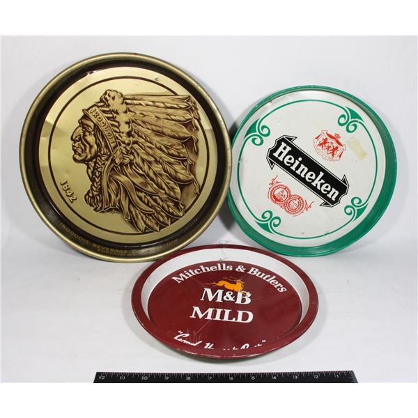 THREE VINTAGE ROUND METAL SERVING TRAYS INCLUDING