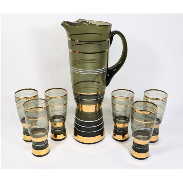 GREY/ GOLD TALL WATER PITCHER WITH SIX