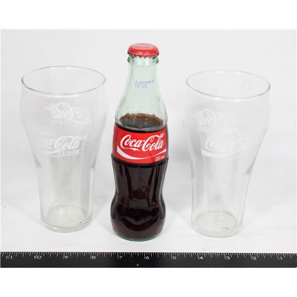 2 COCA COLA GLASS CUPS AND SEALED BOTTLE FROM