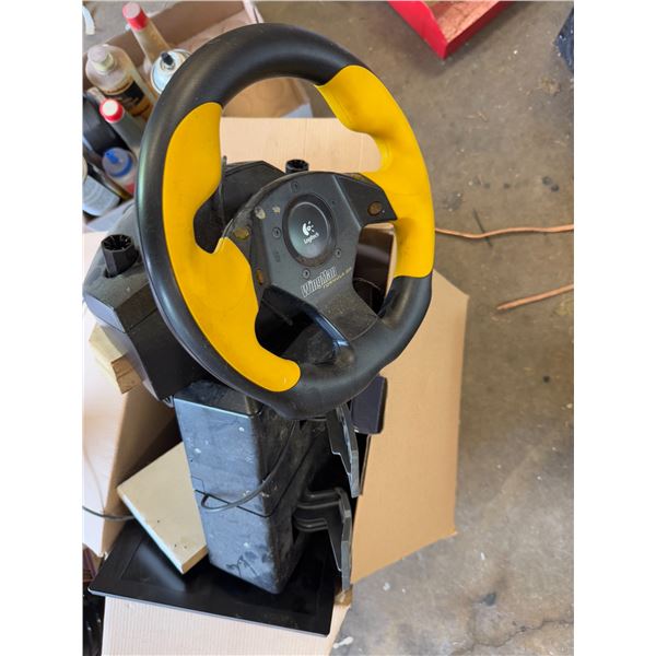 Gaming wheel, pedals, and other items