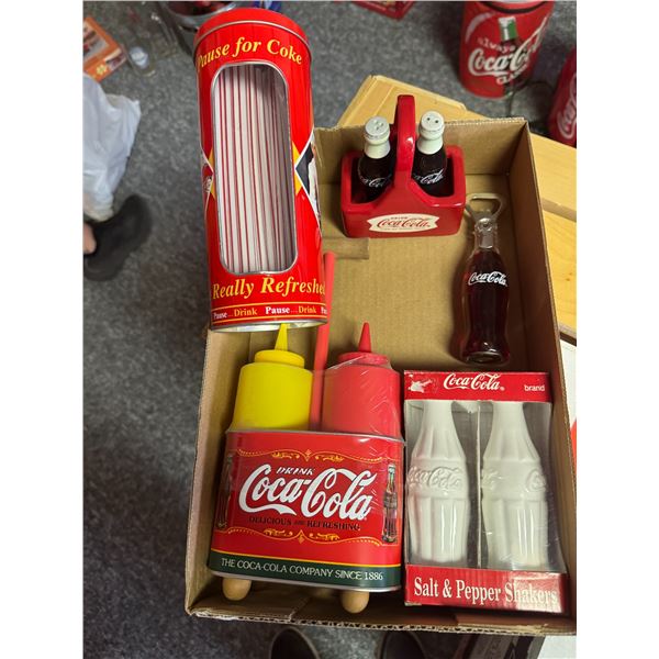 Coca-Cola kitchen item, salt and pepper bottle, opener, straws, etc.