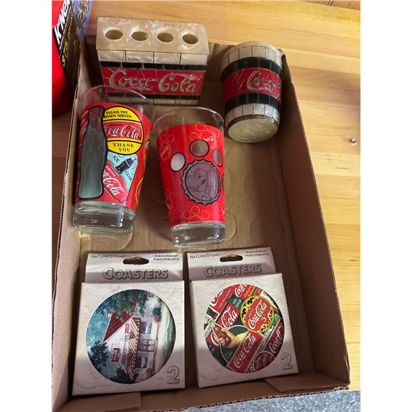 Miscellaneous Coca-Cola items, coasters glasses