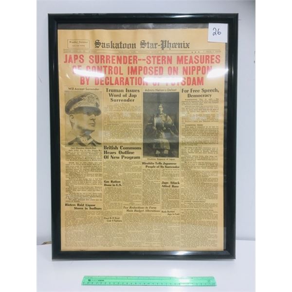 Original Saskatoon Star Pheonix  Aug 15 1945 Glass Frames Newspaper (Japanese Surrender) Excellent c