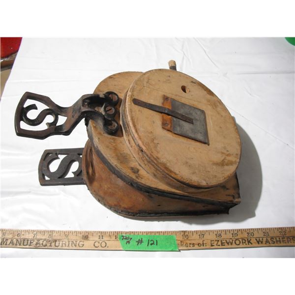 Vintage Belows leather hardwood and letter S appers in cast iron twice (leather has damage)