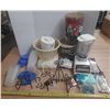 Image 1 : Lot of Tins, Plastic Container, Plate Stands, Electric Items.
