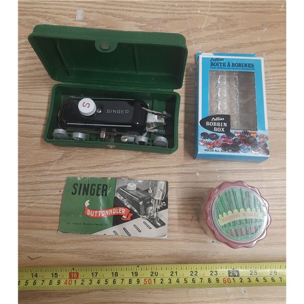 Singer Button Holder, Assorted Needles, Bobbin Box.