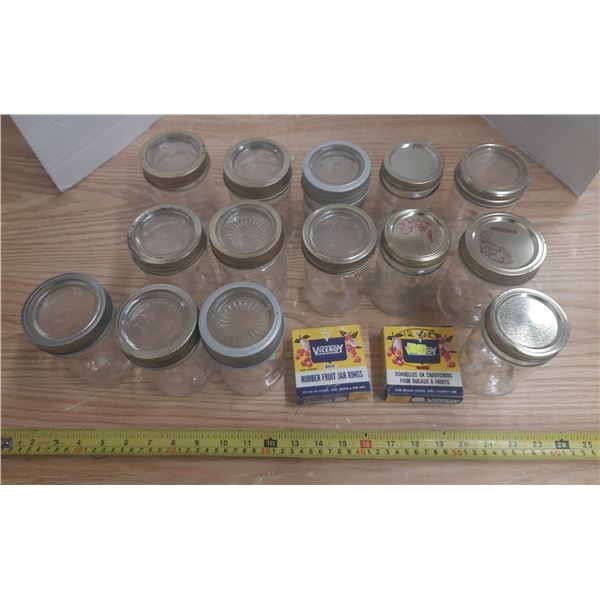 Lot of 14 Jars and (2) Rubber Fruit Jar Rings.