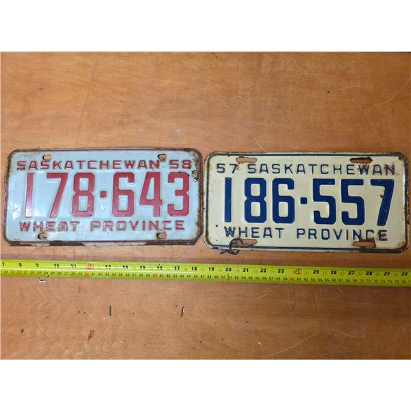 2 saskatchewan lisence plates- 1957 and 1958